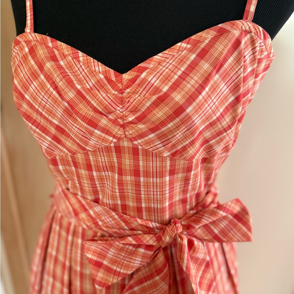 LOFT Adjustable Spaghetti-strap Orange-red plaid,… - image 3
